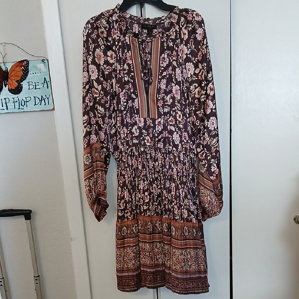 Current Air Floral Long Sleeve Dress Brown And Pink